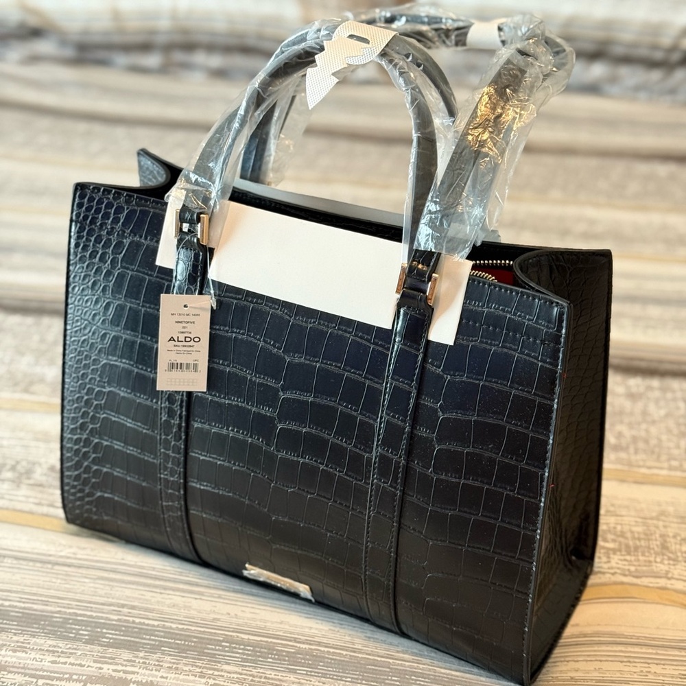 Brand New Aldo Black Croc-Patterned Ninetofive Handbag